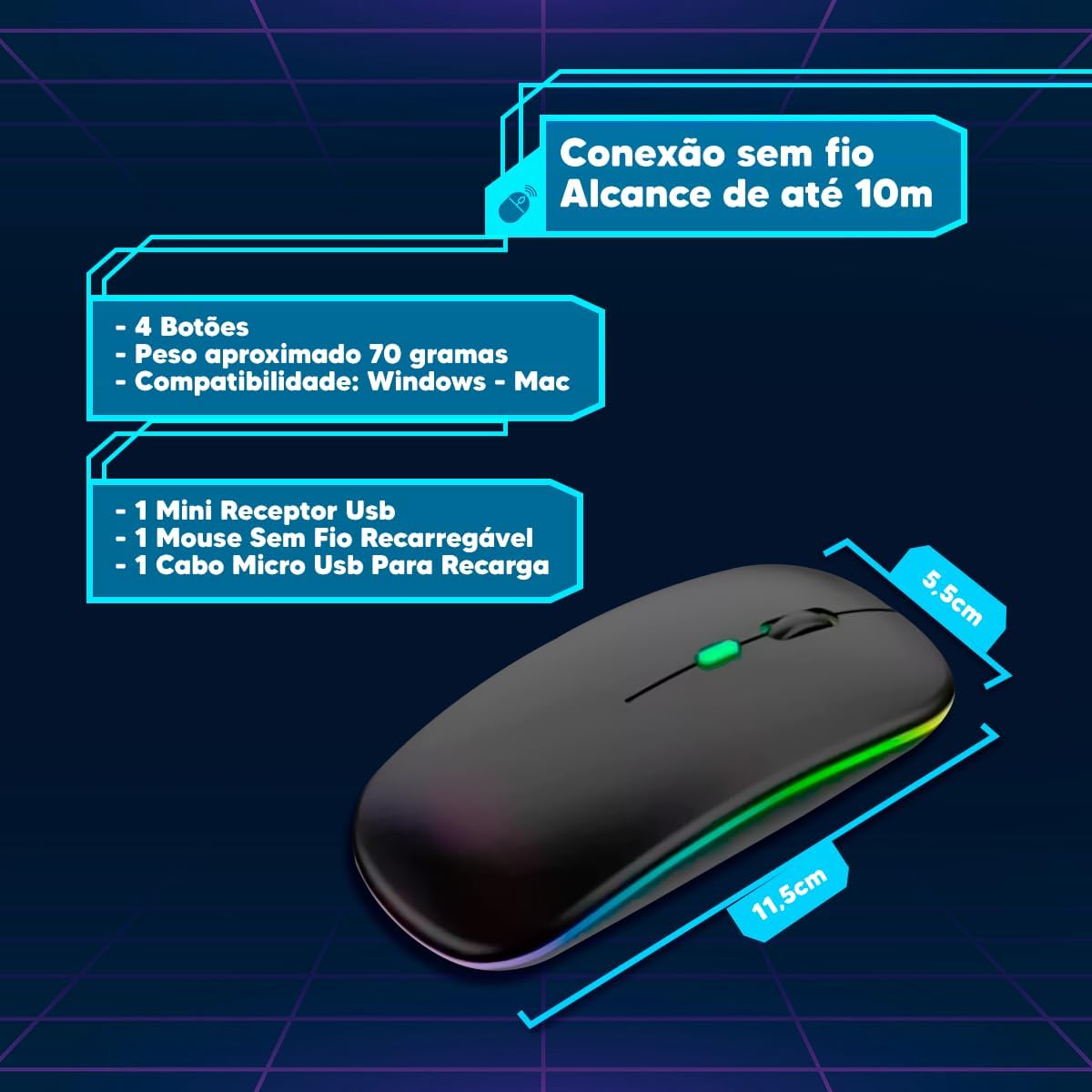 Mouse Sem Fio USB Recarregável RGB Led