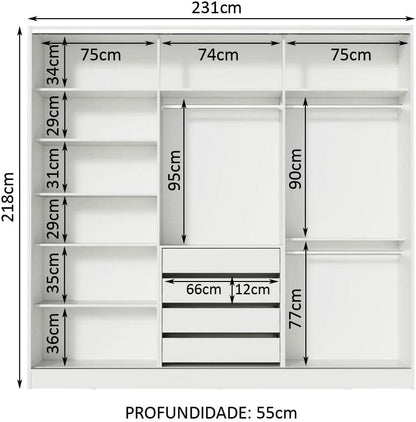 Guarda Roupa Casal 100% MDF com Espelho Tarimo Royale 3 Portas de Correr