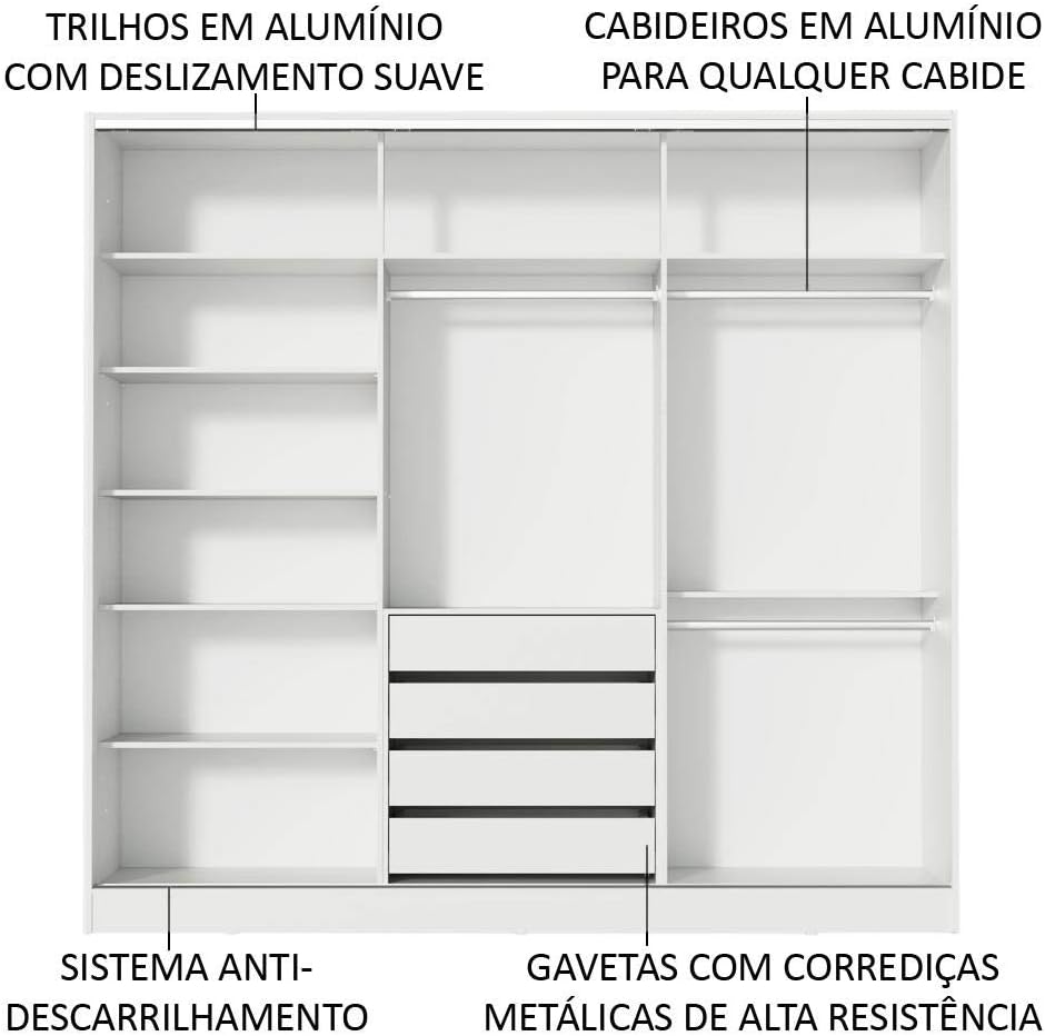 Guarda Roupa Casal 100% MDF com Espelho Tarimo Royale 3 Portas de Correr