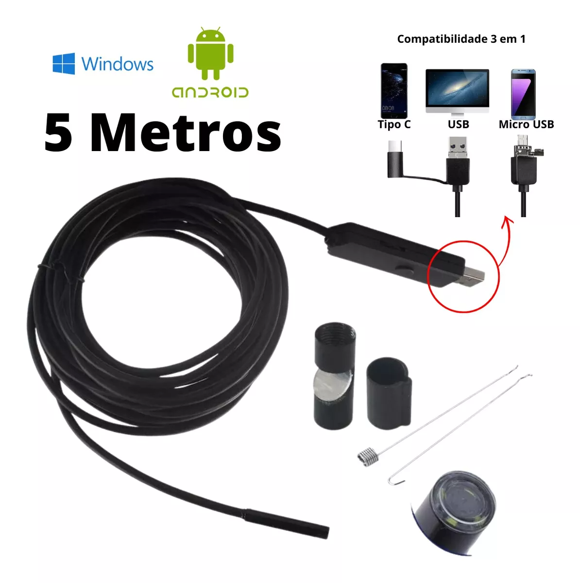 Microcâmera Inspeção Sonda Endoscópica USB - Para Encontrar e Explorar Coisas pelo Celular